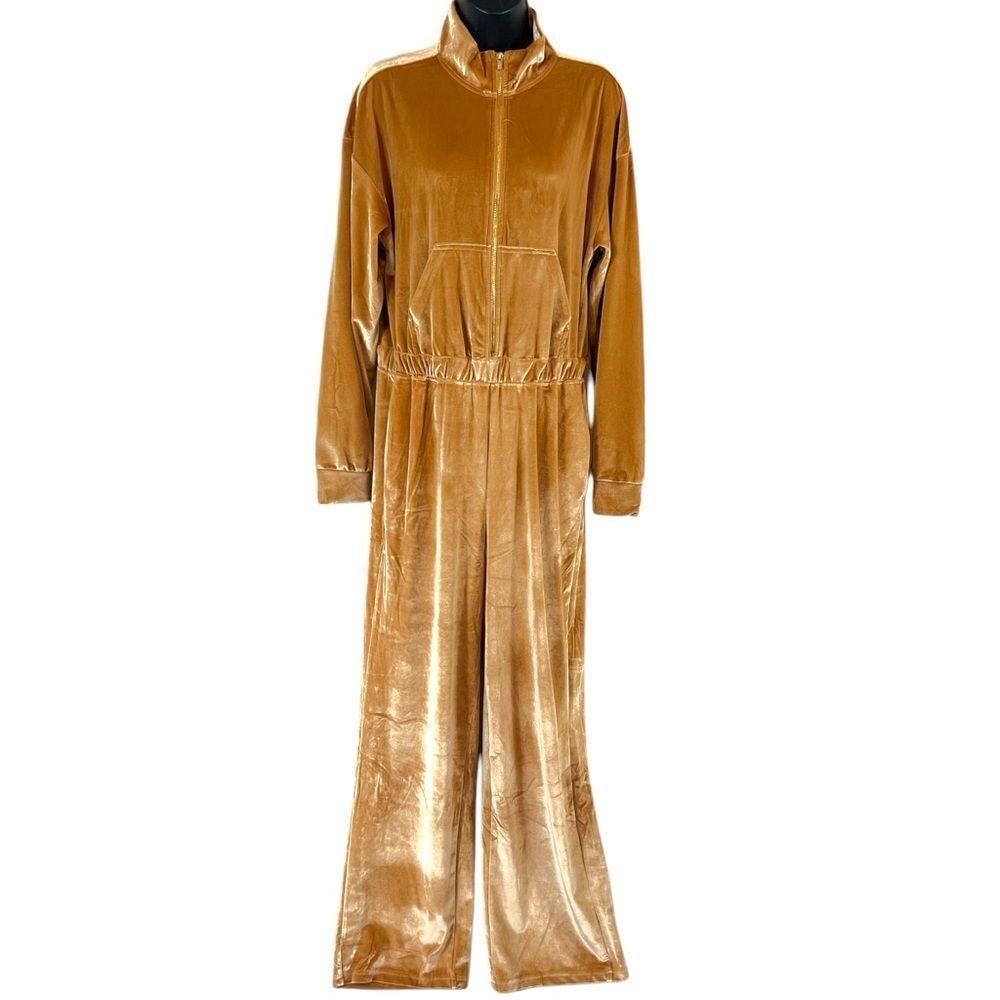 Fabletics Goldenrod Light Honey Velour Velvet Wide Leg Zip Up Jumpsuit
